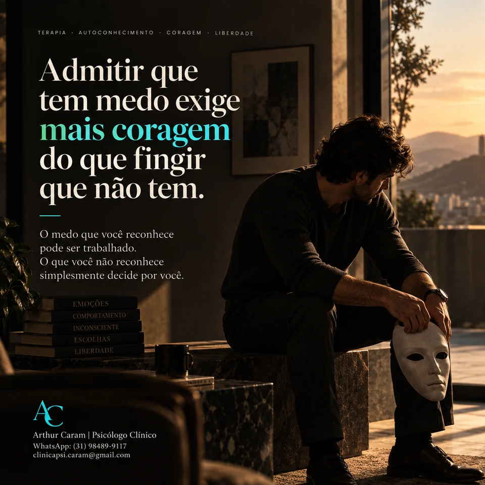 Arte original do post: Admitir que tem medo exige mais coragem do que fingir que não tem.