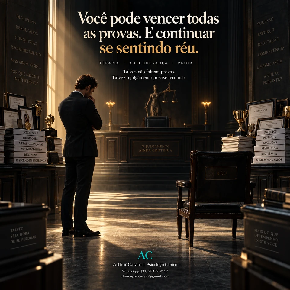 Arte original do post: Você pode vencer todas as provas. E continuar se sentindo réu.